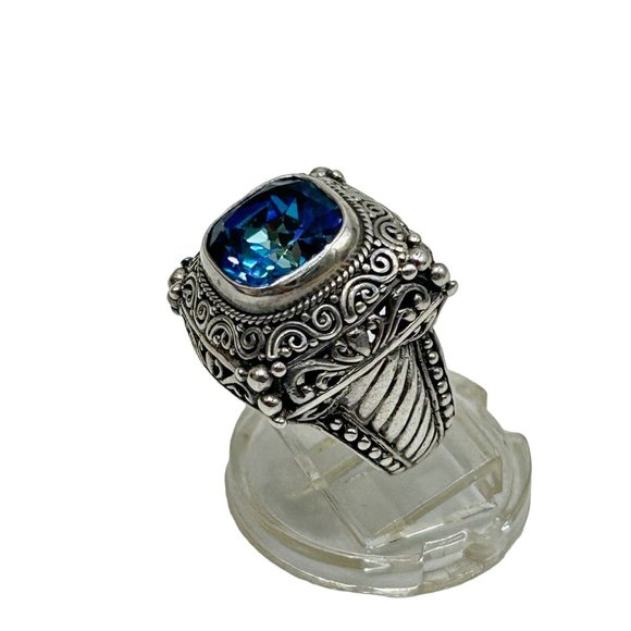 Mystic Blue Quartz Ring Size 5 Sterling Silver Ornate Raised Stone Silver 925 - Picture 1 of 10